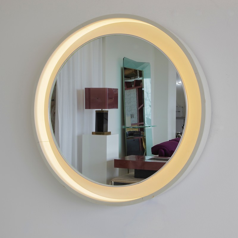 Large Round Illuminated Wooden Mirror, 1970s