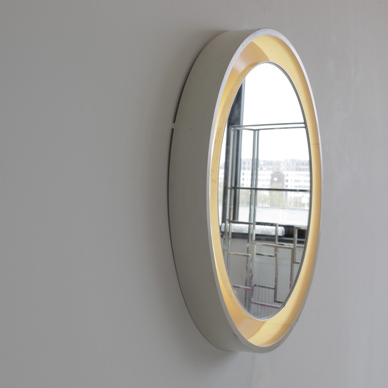Large Round Illuminated Wooden Mirror, 1970s