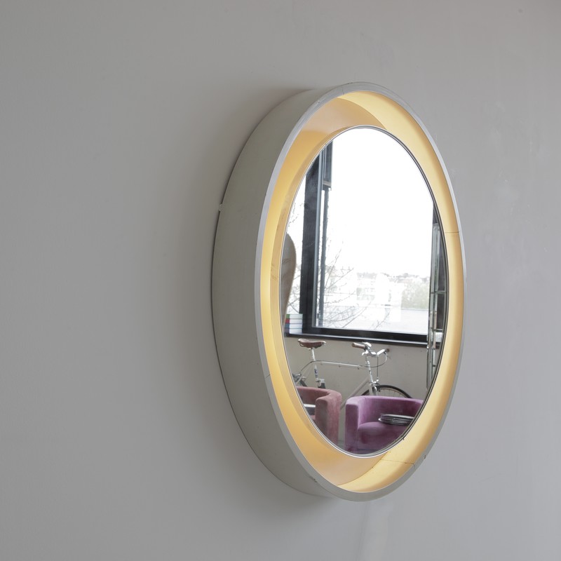 Large Round Illuminated Wooden Mirror, 1970s