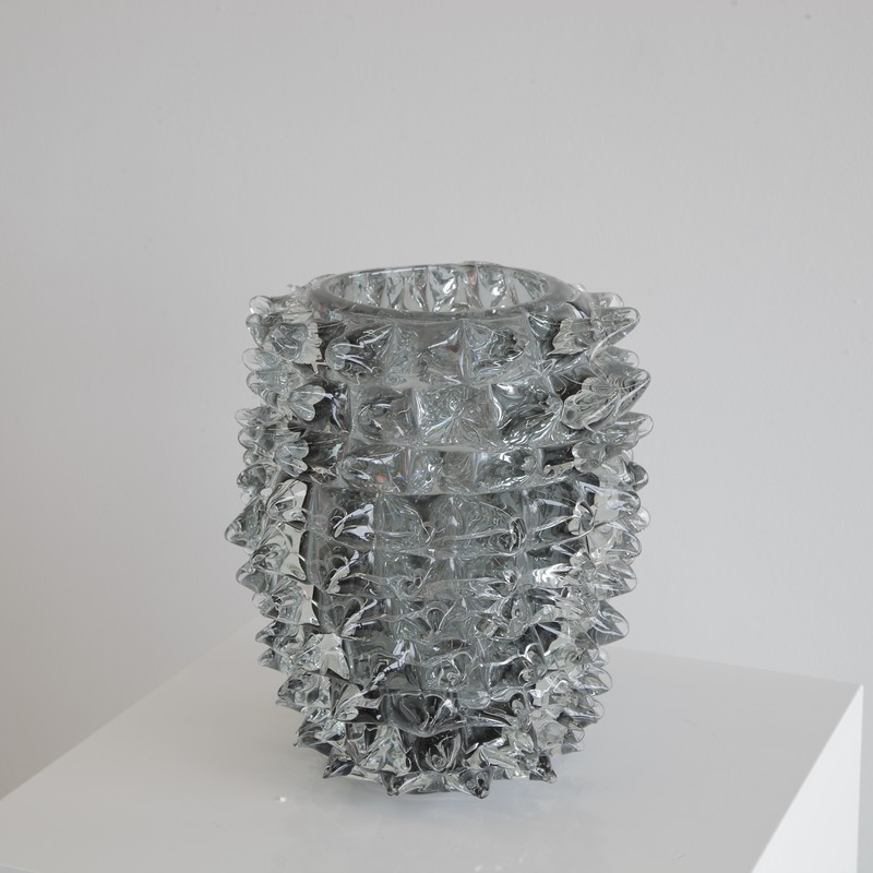 MURANO Glass Vase, Italy ( Gray/ Blue spikes)