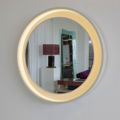 Large Round Illuminated Wooden Mirror, 1970s Large Round Illuminated Wooden Mirror, 1970s