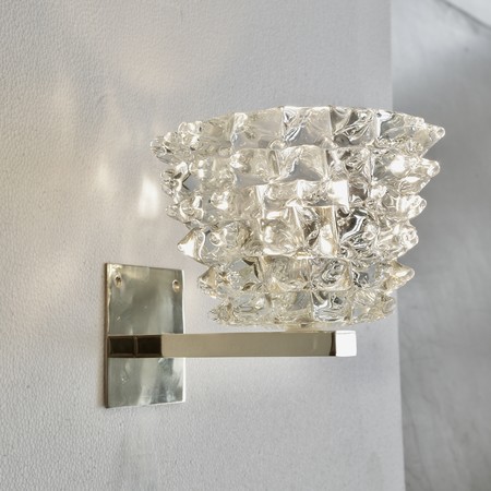 PAIR of Rostrato Wall Lamps with brass coloured arm, Murano Glass